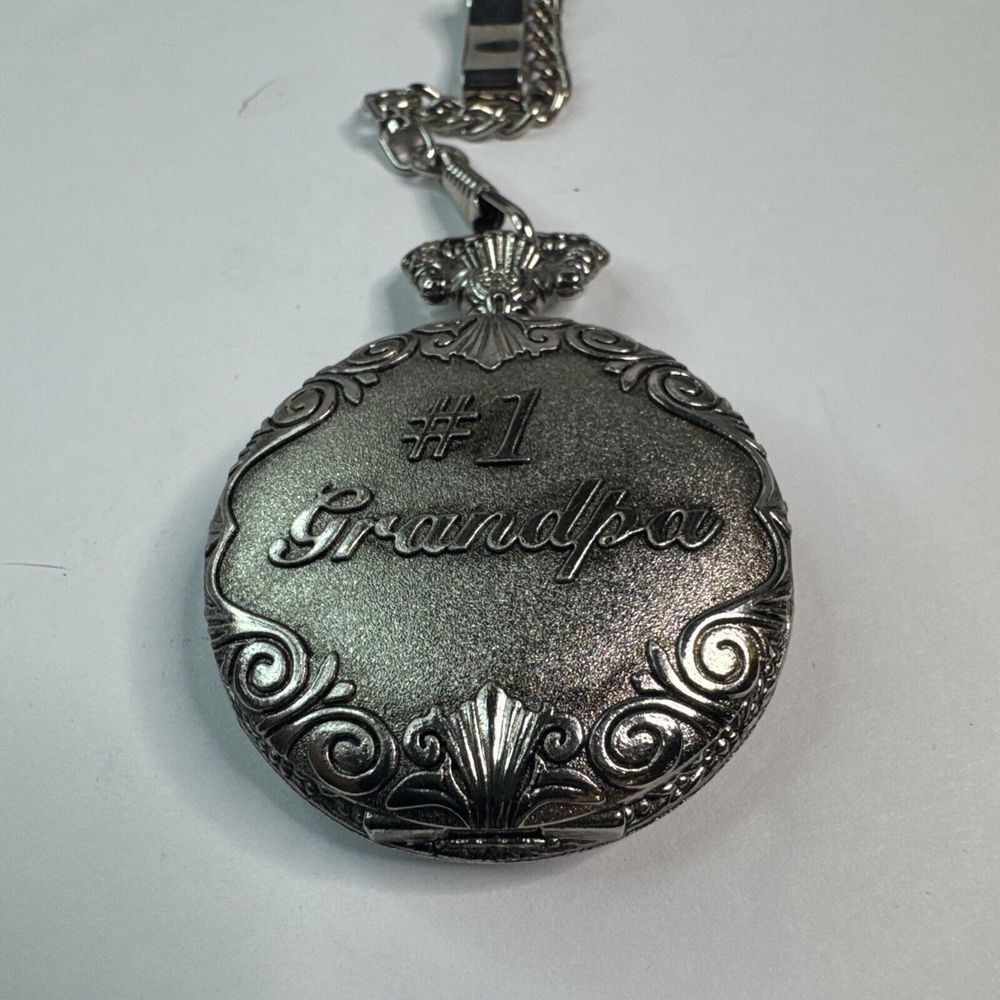 Milan Quartz  "#1 Grandpa " Etched Silver Pocket Watch Japan MOVT W/ Belt‎ Clip